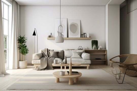 Minimalist living room in Scandinavian and Japandi style. Generative AI