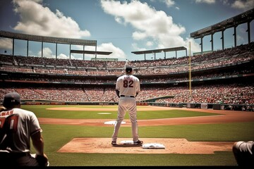 Baseball Player on Field, Stadium Crowd Watching, Exciting Game, a focused baseball player stands on the field with the bustling stadium crowd behind him.
