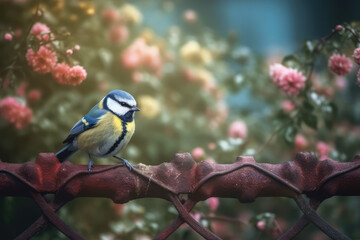 Obraz premium Bluetit_sitting_on_the_flower_fence_spring_background 
