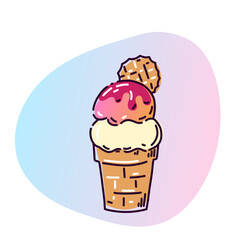Two scoops of ice cream in a waffle cone. Vector illustration in cartoon doodle style