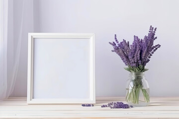 Blank Frame and bouquet of lavender on white wooden table, Generative AI