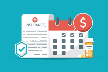Insurance payment schedule plan, Calendar with paper document, shield, drug on isolated background, Digital marketing illustration.