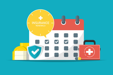 Deal renewals insurance concept, Calendar with shield, money, medical bag on isolated background, Digital marketing illustration.