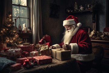 Fototapeta na wymiar Santa Claus is packing Christmas presents at the table. New Year and Christmas concept. Generative AI Generative AI