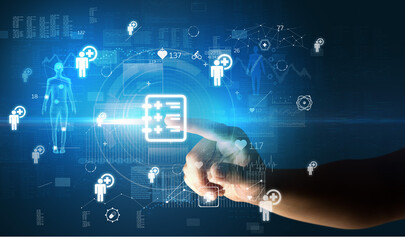 Doctor hand pressing futuristic health device with medical symbol on screen