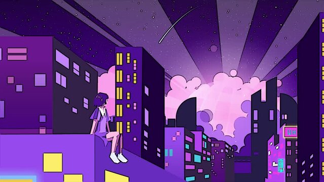 Young Girl Sitting On The Top Of The Roof At Night 2D Animation. Night City View. Anime Style. Lofi Girl Aesthetic.