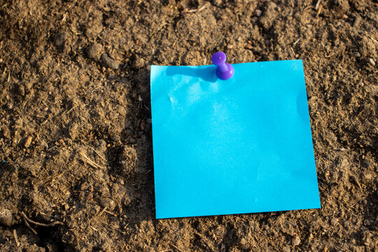 purple map pin blue square paper note on brown dried mud with empty free space for template or blank copy area 
