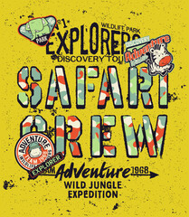Kids discovery team safari adventure cute grunge vector print for children wear with applique embroidery patches  © PrintingSociety