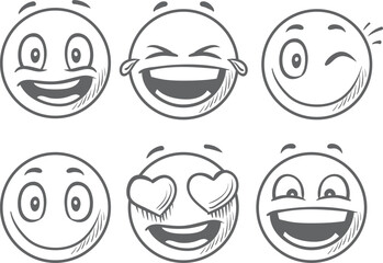Black and White emoji set, Doodle Emoji face icon set. Hand drawn sketch style. Emoji with different emotion mood, happy, sad, smile face. EPS 10