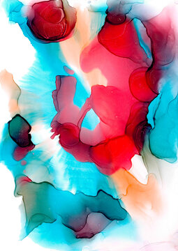 Soft multi colored bubbling clouds. Light peach-blue radiance. Exotic tropical flowers. Romantic abstract pattern in fluid art technique. Creative festive wallpaper for awakening and mental health.