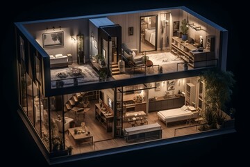Mock apartment on architect's plans. Generative AI
