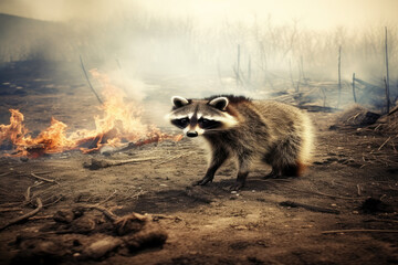 Raccoon lost in smoldering environment, seeking shelter from flames, generative AI