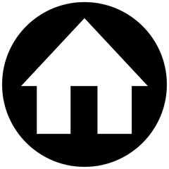 Home icon, flat style white color filled trendy house in black circle symbol, illustration for web, app, mobile, real estate, game, logo, UI, label, button, main page design with isolated background.