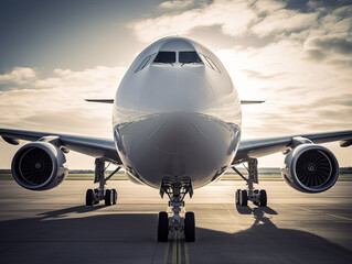 Nose of huge airplane on taxiway. Created with Generative AI technology.