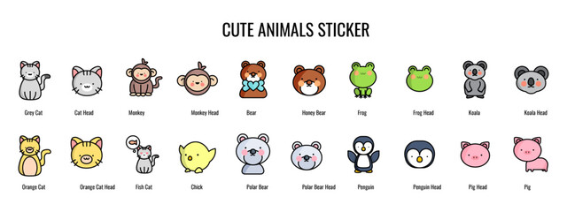 Vector icons for cute animal sticker isolated on white background