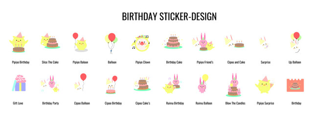 Birthday sticker icons set. Outline set of birthday sticker