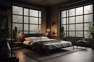 Contemporary bedchamber with vast panes and retro decor. Generative AI