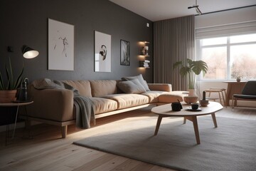 3D visualization of a Scandinavian-style interior featuring a sofa. Generative AI