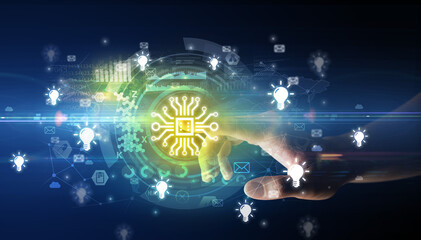 Obraz premium touching with soft gesture multimedia screen with future technology concept