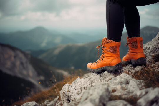 Girl with a hiking boots enjoying wonderful breathtaking mountain view. AI generated.