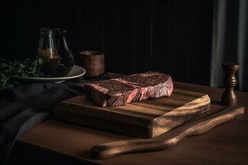 Fototapeta na wymiar Presentation of wagyu steak on wooden plate. Generative AI