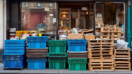 AI Generative, Empty old Pallets, Pasic boxes, for sale out side shop