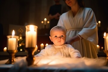 Mother and child in church, baptism by candlelight. Generative Ai