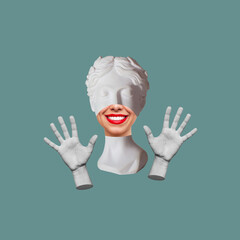 Antique female smiling statue showing palms with five fingers gesture with her hands isolated on a sage green background. 3d trendy collage in surreal magazine style. Contemporary art. Modern design
