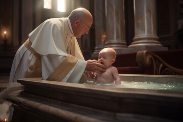 The priest baptizes the baby in the temple, dipping him into the font. Generative AI - obrazy, fototapety, plakaty