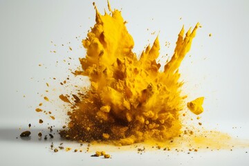 Yellow powder exploding on white background. Generative AI