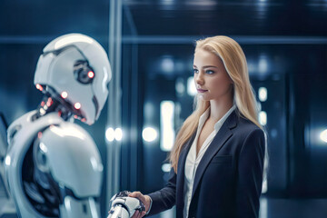 Händedruck zwischen Businessfrau und Roboter - obrazy, fototapety, plakaty