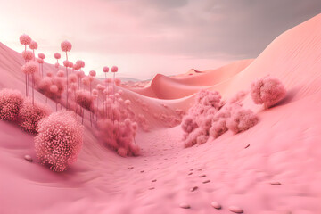 Obraz na płótnie Canvas Rosa Wüstenlandschaft mit Sand, Bergen und Pflanzen. Fantasielandschaft in Pink.