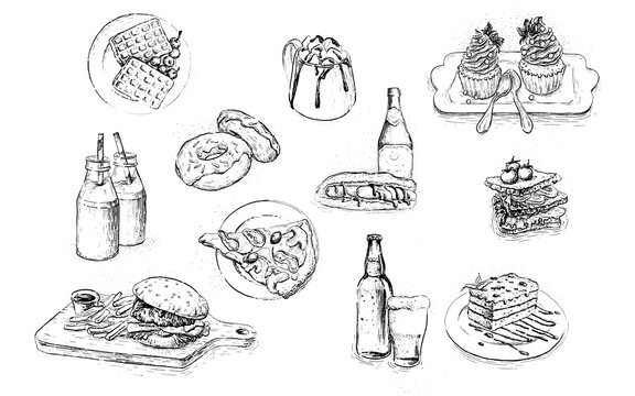 big set of graphic images of food fast food desserts drinks for menu design