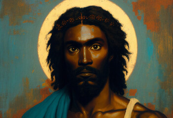 dark-skinned Jesus in the style of Byzantine painting, generative AI