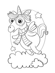 contour line illustration cute cartoon childish style character animal unicorn fabulous wearing glasses and scarf nerd on cloud for coloring print postcard cover sticker
