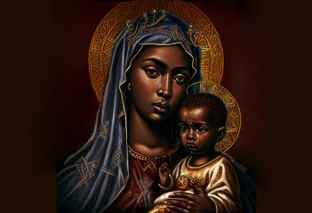 Papier Peint photo autocollant Coloré dark-skinned mother of god with dark-skinned little baby jesus, generative AI