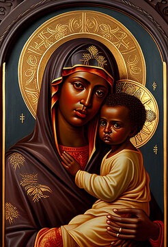 dark-skinned mother of god with dark-skinned little baby jesus, generative AI