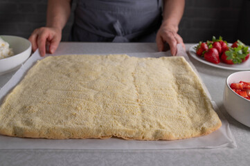 Sponge cake base for making a swiss roll or biscuit roll