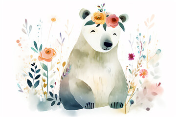 Happy Birthday. Cute cartoon bear with flowers. Illustration. Post processed AI generated image