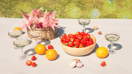 Outdoor picnic setting with champagne, strawberry, flowers, macaroon cookies and oranges.