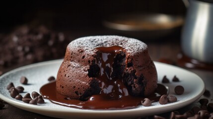 Chocolate lava cake on a white plate, with melted chocolate oozing out and a blurred background. Generative AI.