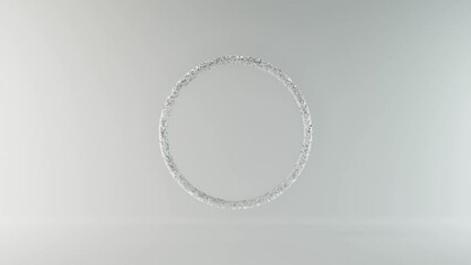 Animation of a ring formed by cubes. Realistic 3d render of silver coin particles exploding, forming a donut shape elegant ring. Luxury design on dark background. Intro outro presentation for a logo