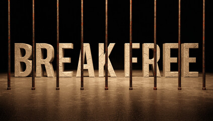 Break Free text word behind bars, political regime jail concept - 598645102