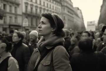 Woman on Protesting demonstration. Protest. Peaceful march of the country's for freedom and democracy. Generative AI