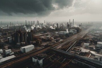 A vast industrial area with factories, pipes, and smoke. Generative AI