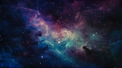 Realistic beautiful endless expanses of eternal space created with the help of artificial intelligence. Pleasant blue shades with purple and pink tints decorated with bright stars.