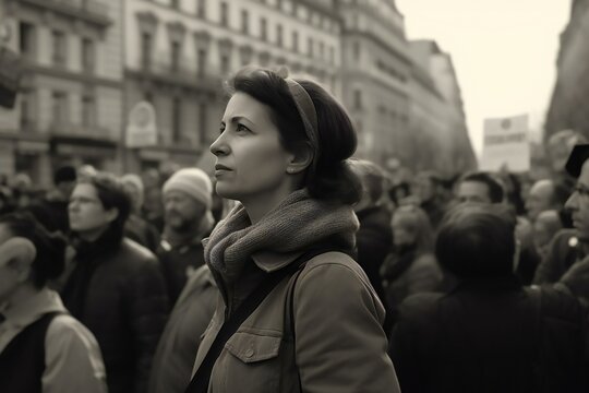 Woman on Protesting demonstration. Protest. Peaceful march of the country's for freedom and democracy. Generative AI