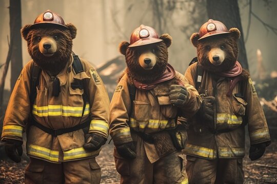 three firefighter bears on a wildfire