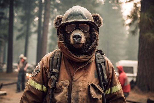 portrait of a beard dressed as firefighter with helmet on a wildfire