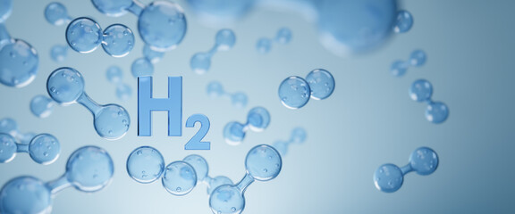 Sustaining of hydrogen gas(H2).New Green Energy Water Fuel Cell Future Hydrogen for sustainability environment,energy balance,sustainable energy.H2 molecule in the bubbles in the liquid.3D rendering